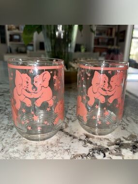 Vintage Hazel-Atlas Dancing Pink Elephant Beer Handled Mug Glass MCM Set Of 2